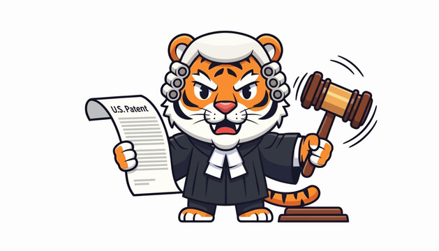 Charming cartoon tiger judge in wig and robes holds a gavel and a legal scroll, representing intellectual property law, justice, and legal authority in a firm depiction