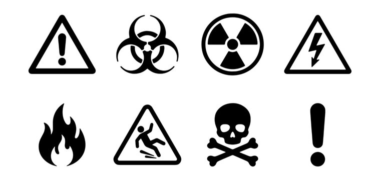 Hazard Symbols Set: Danger, Biohazard, Radiation, Electricity, Fire, Slip