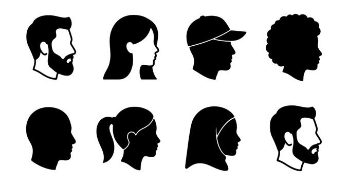 Diverse Human Head Silhouettes, Profile View Vector Set, Male and Female Avatars