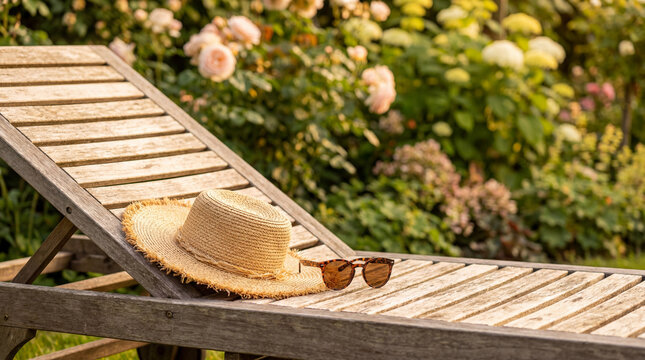 Summer outdoor lounge chair with straw hat sunglasses enjoying vacation relaxation for travel lifestyle garden home leisure content design materials