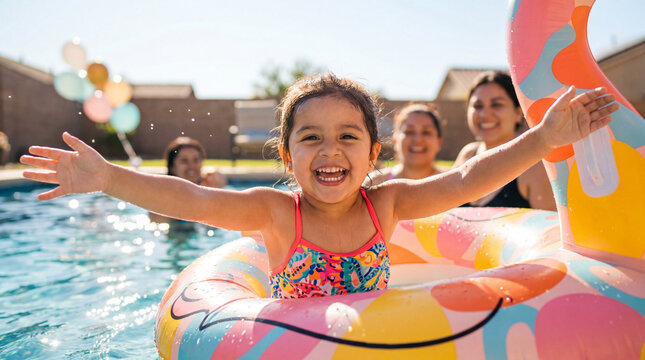 Summer pool party toddler girl on inflatable toy with arms spread laughing joyfully for children vacation family lifestyle swimming content design