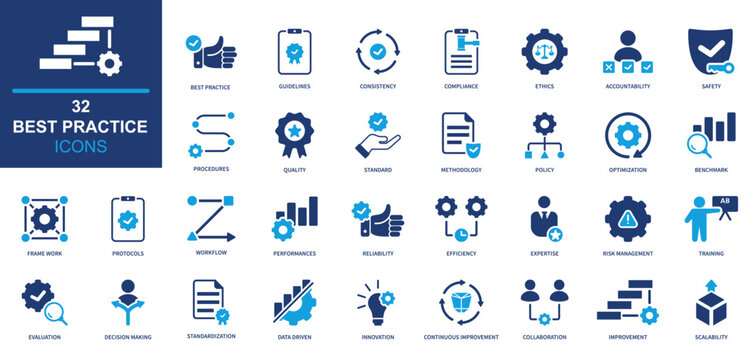 Best practice icon set. business, management, workflow, strategy, productivity. solid style icon collection.