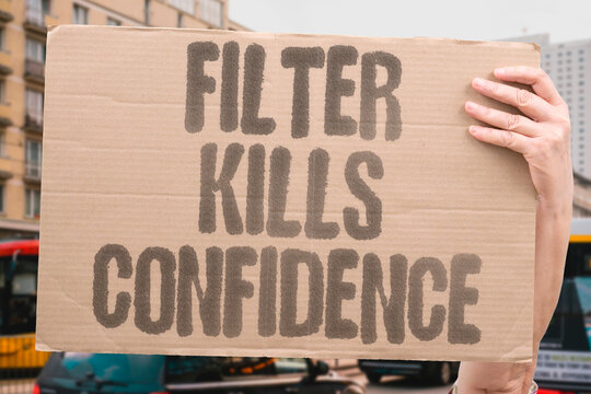 "Filter Kills Confidence" Chronic comparison between filtered digital selfies and mirror reflections measurably damages self-image perception. CHRONIC. COMPARISON. REFLECTIONS. MEASURABLY. SELFIMAGE.