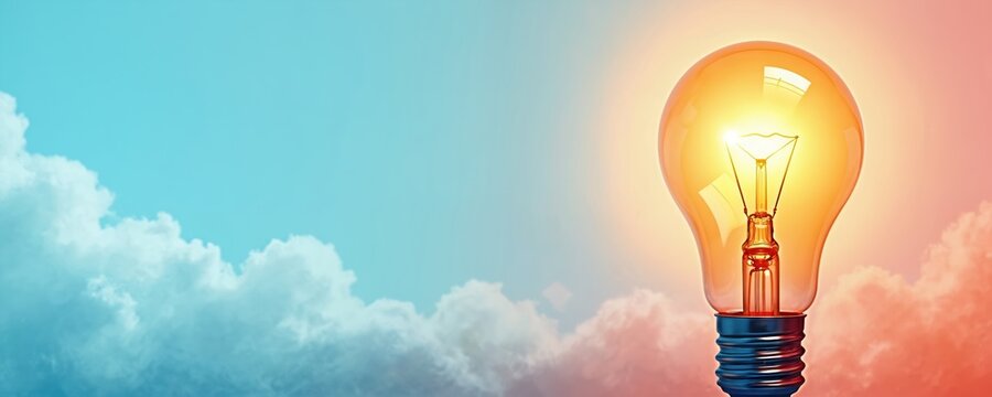 Bright light bulb glows against sky with clouds. Symbol of idea innovation and inspiration. Conceptual background for creativity and new beginnings. Warm light.
