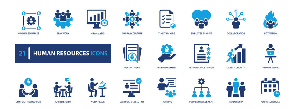 Human resources icon set. recruitment, management, employee, corporate, teamwork. solid style icon collection.