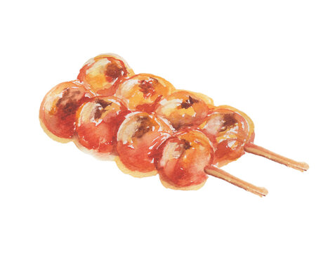 Watercolor illustration of mitarashi dango with transparent background