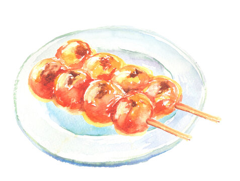 Watercolor illustration of mitarashi dango on a plate with transparent background