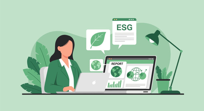 Professional businesswoman analyzing ESG report with data charts and icons for environmental, social, and governance standards, sustainability, and corporate responsibility.