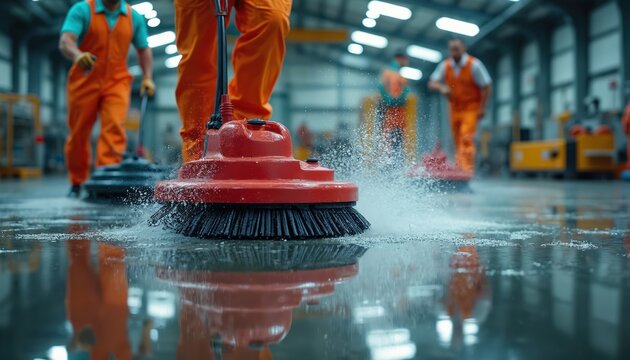 Industrial workers in orange suits clean factory floor with rotating scrubbers and water. Machines polish concrete surface, ensuring spotless sanitation and work safety. Team maintains clean facility.