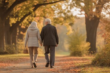 Fototapeta premium Senior couple walking hand in hand in autumn park with golden trees and soft sunlight.