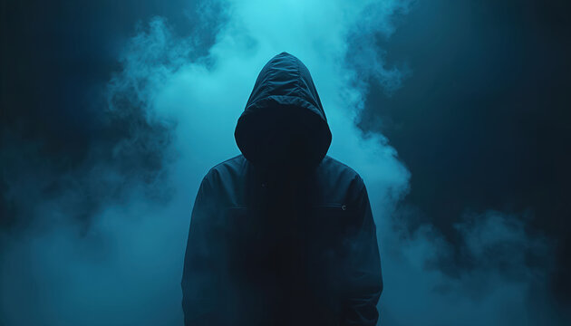 Anonymous person in dark hooded jacket stands in blue smoke. Figure obscures face, creating mysterious, moody, dramatic atmosphere. Sense of suspense and secrecy.