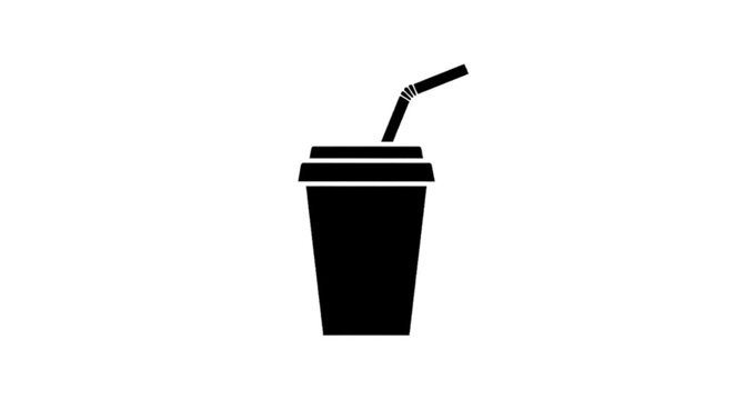 Minimal black silhouette icon, simple flat vector, bold black shape, no, no shading black silhouette icon of a disposable coffee cup with a straw on a, flat icon style