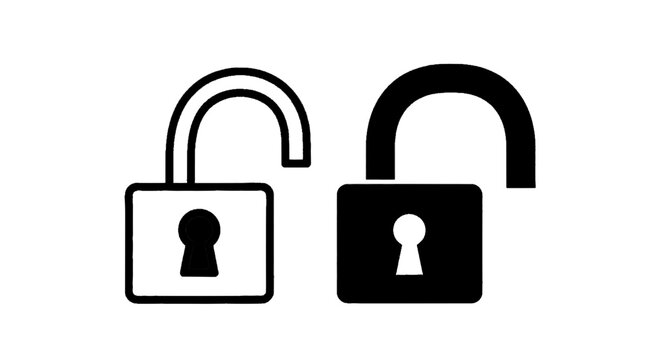 Minimal black silhouette icon, simple flat vector, bold black shape, no, no shading two unlocked padlock icons with different styles on a, flat icon style