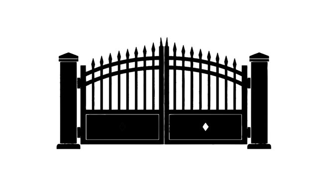 Minimal black silhouette icon, simple flat vector, bold black shape, no, no shading black wrought iron double gate on a, flat icon style