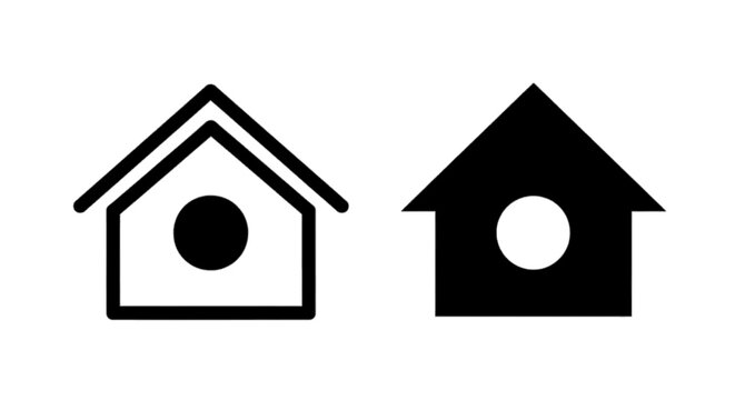 Minimal black silhouette icon, simple flat vector, bold black shape, no, no shading two house icons with circular openings, one outlined and one solid black on a, flat icon style