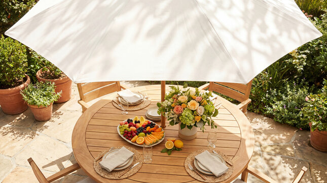 Summer patio dining table under white umbrella with fruit platter flowers for outdoor entertaining lifestyle home garden content design materials