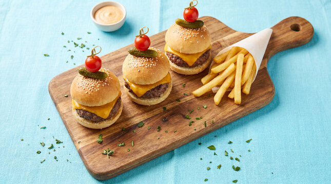 National Hamburger Day mini sliders burgers trio with small fries for restaurant menu food advertising marketing promotion design materials
