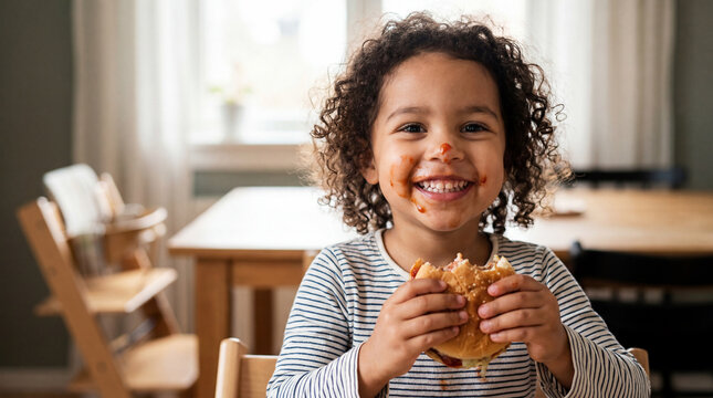 National Hamburger Day toddler girl eating burger with sauce on face smiling innocent for children food advertising restaurant menu family dining lifestyle marketing content design materials