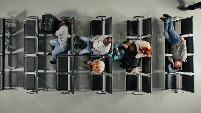 Sleeping, delayed flights and tired passengers in airport during air transport blockage, top down view. Napping on chairs, high angle shot and tourists in lounge waiting for another airplane