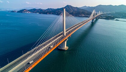 Obraz premium Majestic Cable-Stayed Bridge Spanning Turquoise Waters - A Scenic Aerial View.