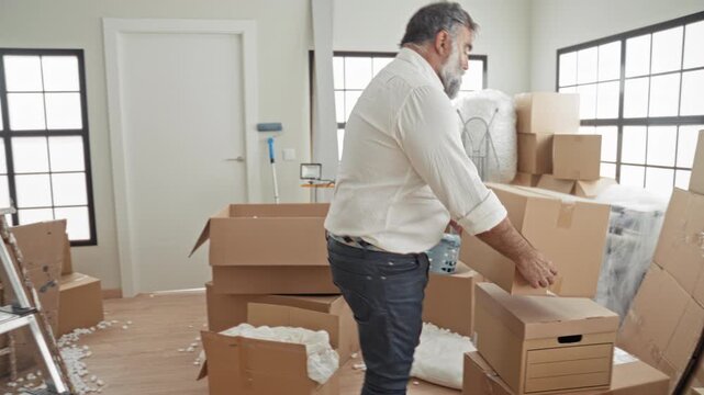 Man with gray beard standing hands on hips among cardboard boxes and packing peanuts in a building; moving transition contemplation.