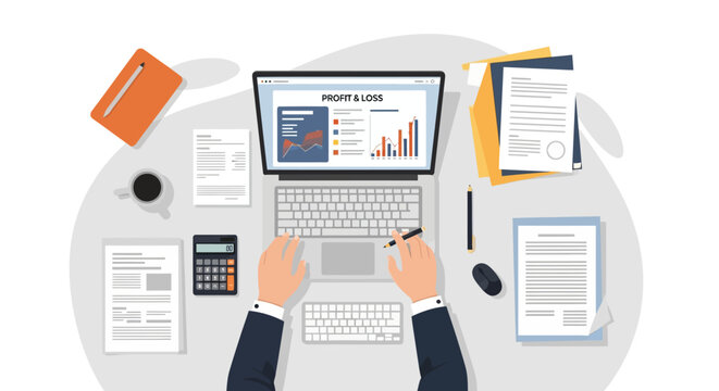 Vector illustration of a professional business owner analyzing financial growth and comparing profit margins using data charts and graphs for corporate reports and strategy.