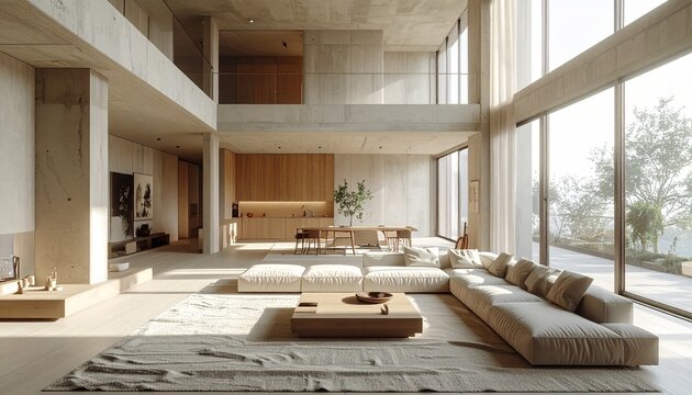 Minimalist Living Room with High Ceilings and Natural Light.