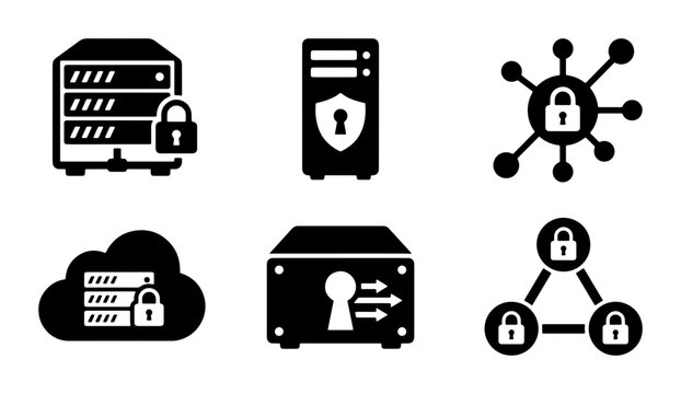 Cybersecurity Icons: Secure Server, Data Protection, Network Security, Cloud Storage, Digital Vault, Encryption, Vector Graphics