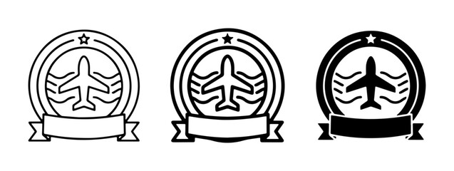 Airplane Travel Icons, Aviation Badges, and Air Transport Emblems. Set of 3 stylized vector emblems featuring airplanes, waves, and banners for travel and aviation themes. © Hamidur