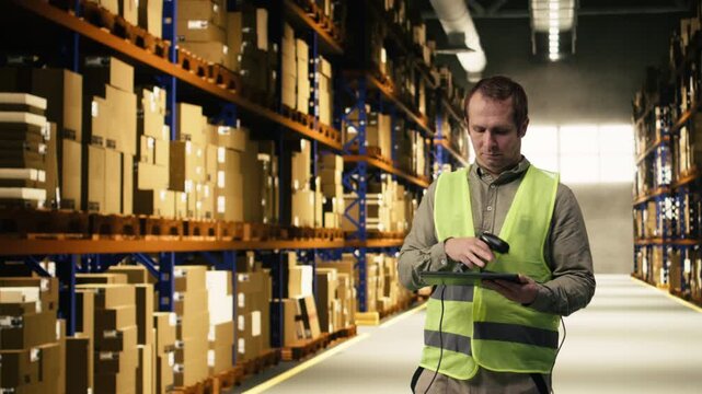 Adult male scanning AWB tags with scanner and tablet in warehouse facility, ensuring order fulfillment and production for supply chain. Employee checking cardboard boxes labels.