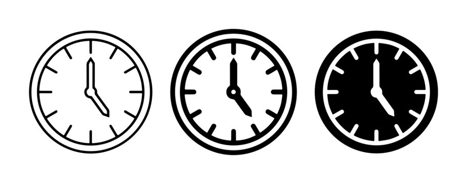 Three Clock Icons: Outline, Filled Outline, and Solid Black, Representing Time and Scheduling Concepts