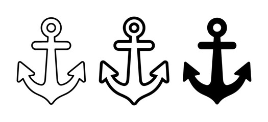 Nautical Anchor Icons Set, Marine Symbol Vector Graphics, Maritime Emblem Collection, Simple Outline and Solid Black Designs for Sea and Ocean Themes © Lima