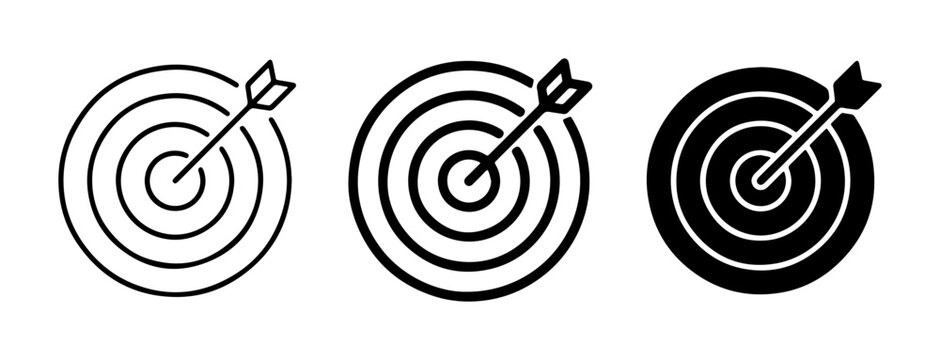 Target icons, bullseye vector graphics, dartboard symbols for business strategy, goal achievement, and precision marketing campaigns
