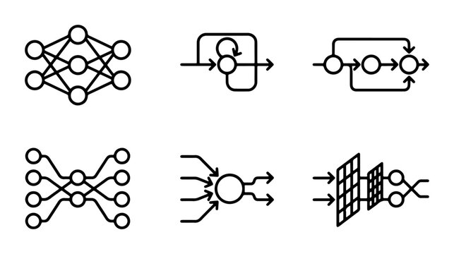 Neural Network Icons, Machine Learning Diagrams, Artificial Intelligence Concepts, Deep Learning Architectures, Data Science Models, AI Brain Structures, 6 Vector Graphics