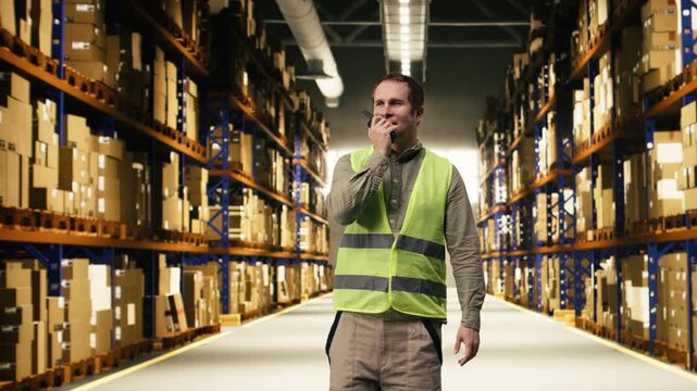 Logistics worker speaking into two-way wireless transceiver near pallets and cardboard boxes. Communication equipment supports order fulfillment workflow and efficient e-commerce operations.