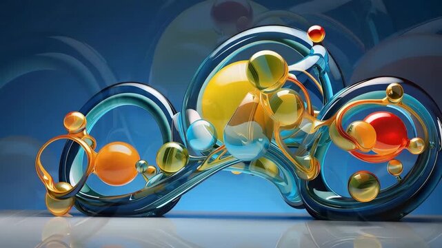 In a bright setting, colorful shapes move fluidly, creating a visual story of design and interaction. The bright colors pop against the blue background.
