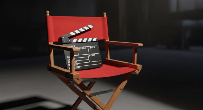 A classic red director's chair with wooden frame holds a traditional black and white film clapperboard, symbolizing cinematic storytelling and the creative process of movie making