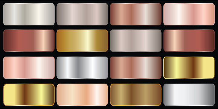 Gold rose, silver, bronze, copper and golden foil texture gradation background set. Vector shiny and metalic gradient collection for border, frame, ribbon, label design