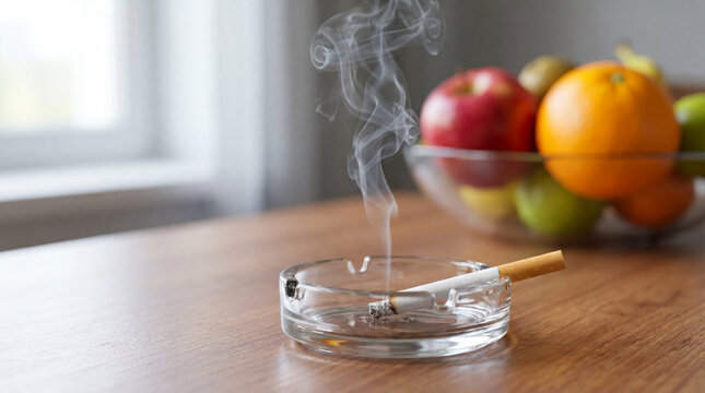 World No Tobacco Day smoking cigarette beside fresh fruits symbolizing healthy eating choice for health awareness campaign anti-smoking poster social media