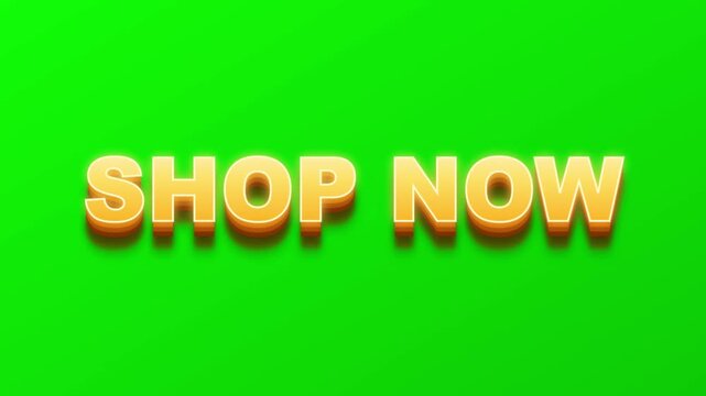 Shop now text with layered orange and yellow 3d effect on a bright green screen background
