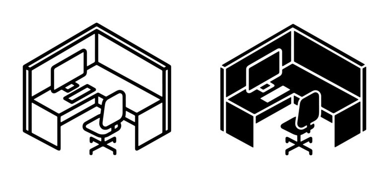 Isometric Office Cubicle Icons: Line Art and Solid Black, Workspace Design Elements, Modern Business Setup, Computer Desk and Chair