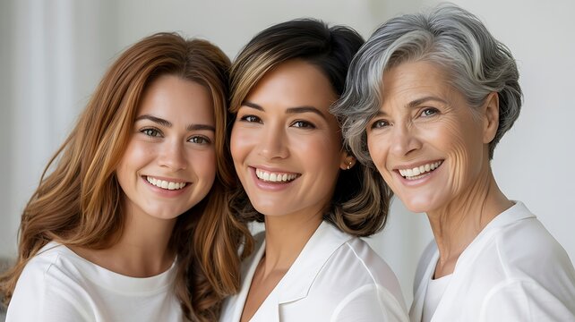 Three smiling women of different ages and ethnicities, representing multi-generational beauty and diverse female empowerment.
