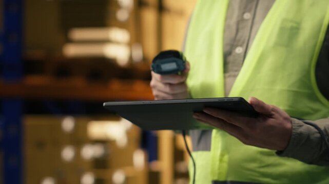 Industrial worker scanning labels of cardboard boxes for inventory accuracy. Distribution center staff ensure shipment details with AWB tags and efficiency in e-commerce order fulfillment.