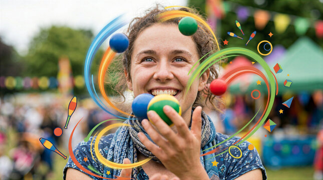 Smiling Woman Juggling Balls Amid Festival Swirls