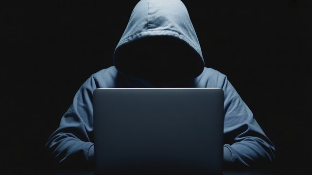 Anonymous hacker using laptop in dark cybersecurity setting with hooded cloak.