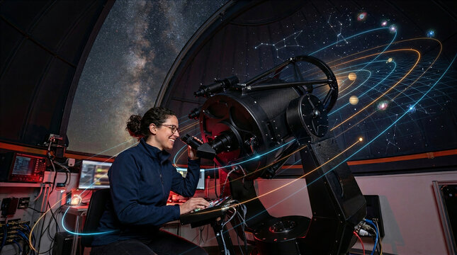 Astronomer Smiling at Telescope Under Glowing Celestial Orbits