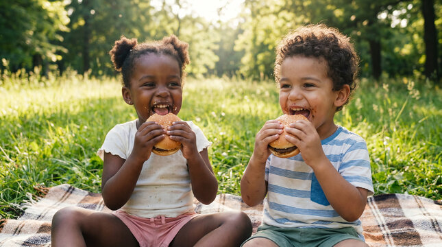 National Hamburger Day diverse toddlers eating burgers outdoor picnic sunny day for children food advertising restaurant menu family dining lifestyle marketing promotion content design materials