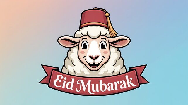Cute cartoon sheep wearing a fez hat and ribbon with 'Eid Mubarak' text, celebrating Islamic festival.