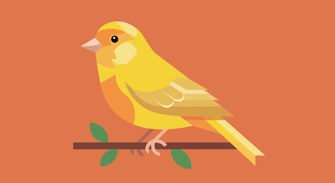 Cute Yellow Canary Bird Perched on Branch, Flat Design Illustration