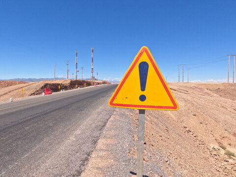 Hazard warning road sign, Temporary danger warning sign, Road work ahead warning